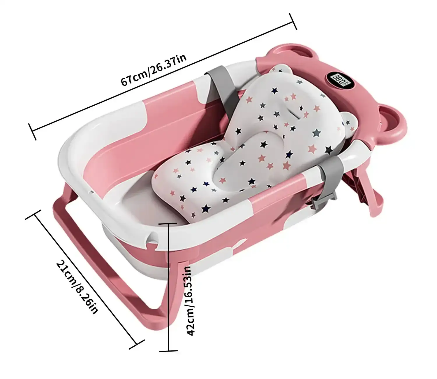 Baignoire pliable bébé éco rose avec coussin étoilé, ceinture de sécurité et pieds antidérapants, idéale pour bain sécurisé et compact.