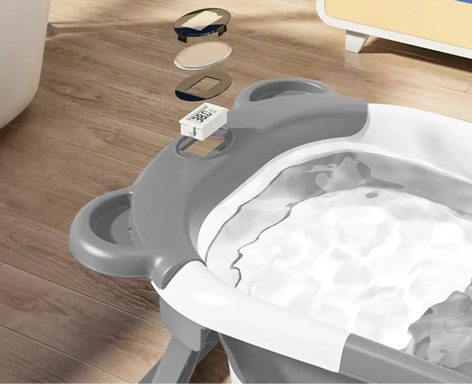 Baignoire pliable bébé éco avec thermomètre intégré, design compact et sécurisé pour le bain des tout-petits, en matériaux durables et confortables.