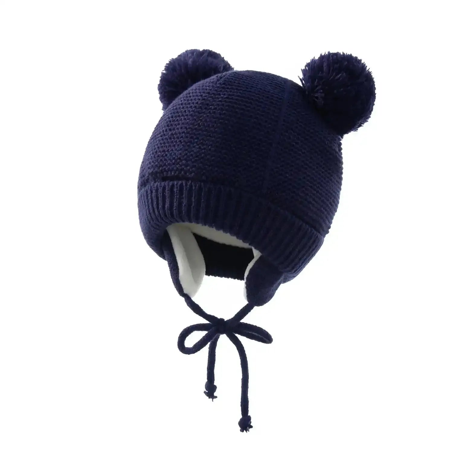 Bonnet Hiver Enfant - Garçon Fille 0-24 Mois en tricot bleu marine avec doublure chaude et pompons oreilles. Idéal pour protéger du froid hivernal.