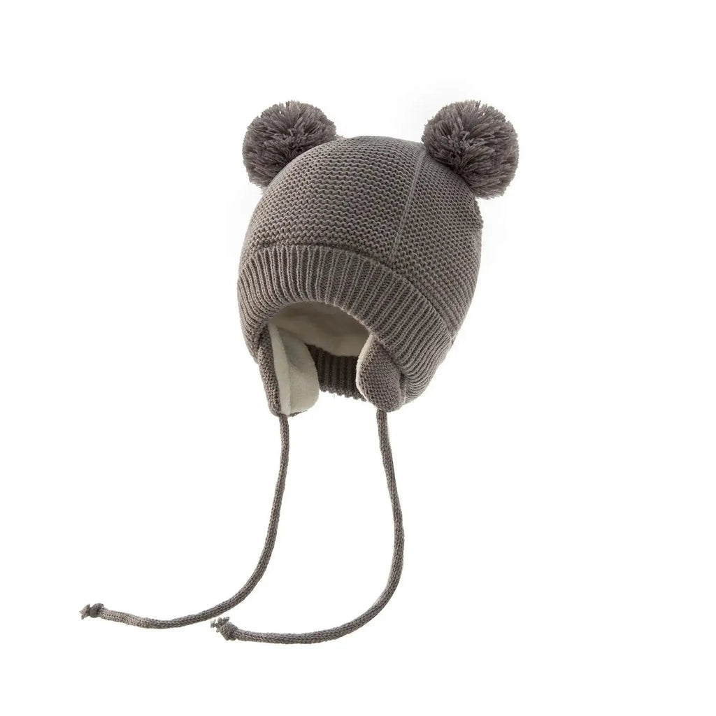 Bonnet hiver enfant gris avec pompons oreilles, chaud et confortable pour bébé 0-24 mois. Idéal pour protéger du froid en hiver.
