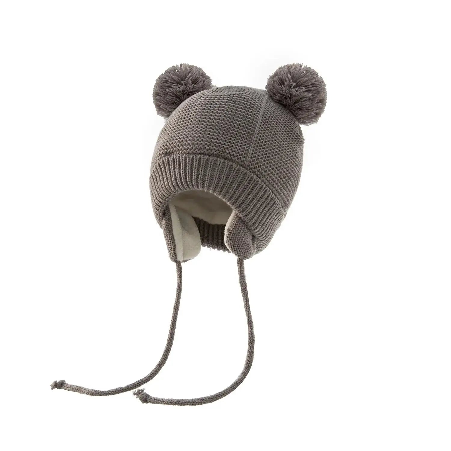 Bonnet hiver enfant gris avec pompons oreilles, chaud et confortable pour bébé 0-24 mois. Idéal pour protéger du froid en hiver.