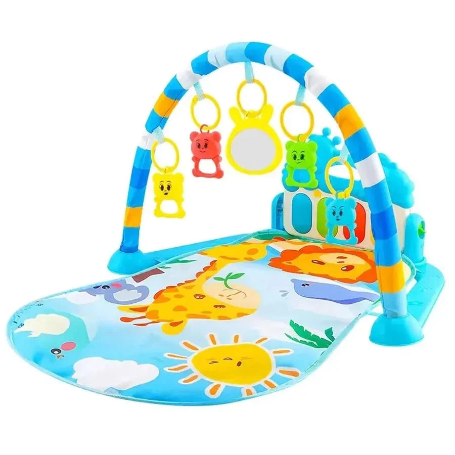 Tapis d'éveil bébé avec arche colorée et jouets suspendus animaux pour stimulation sensorielle