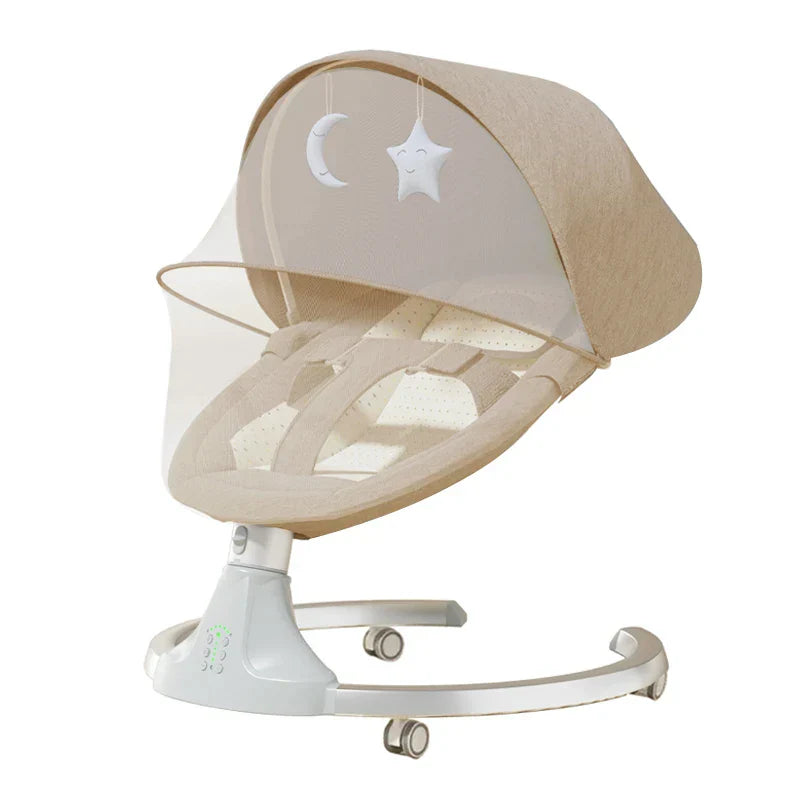 Balancelle bébé automatique beige avec canopy et moustiquaire, adaptée de 0 à 36 mois, jusqu'à 20 kg. Structure en métal robuste et jouets suspendus.