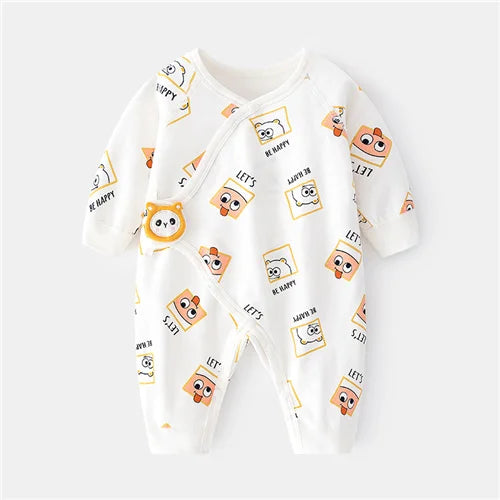 Grenouillère Coton Bébé - Floral Confort avec motifs amusants de carrés souriants orange et jaunes. Pyjama unisexe doux 100% coton pour nourrisson.