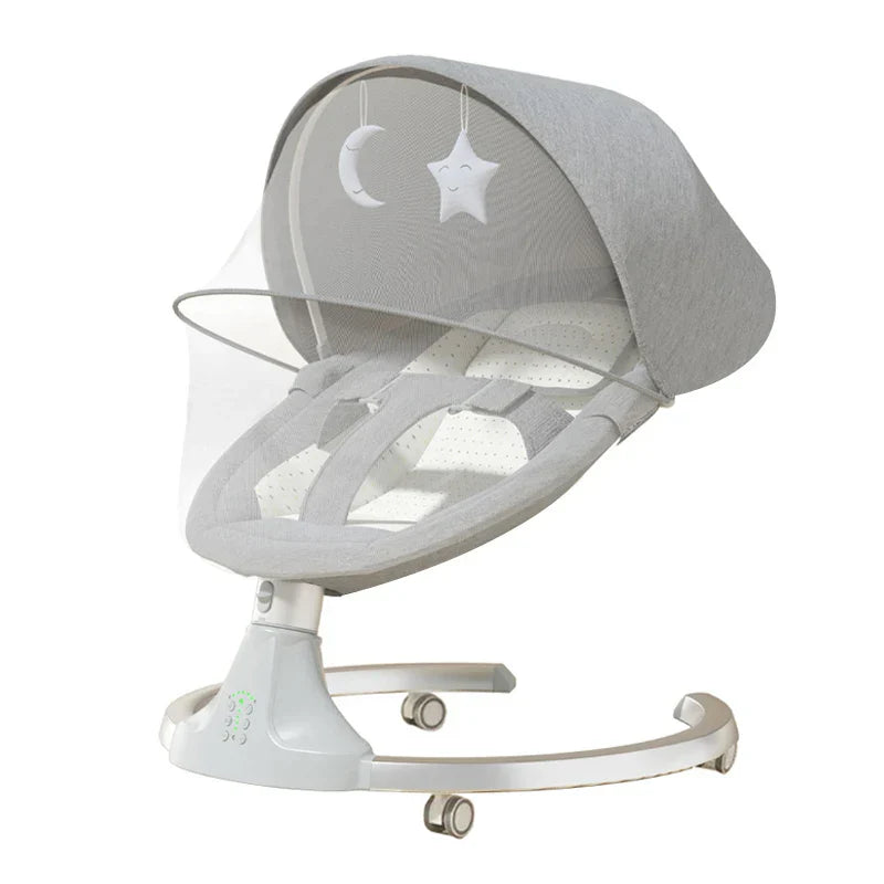 Balancelle bébé automatique gris clair avec canopy, jouets suspendus lune et étoile, idéale pour 0-36 mois jusqu'à 20 kg. Confort et sécurité assurés.