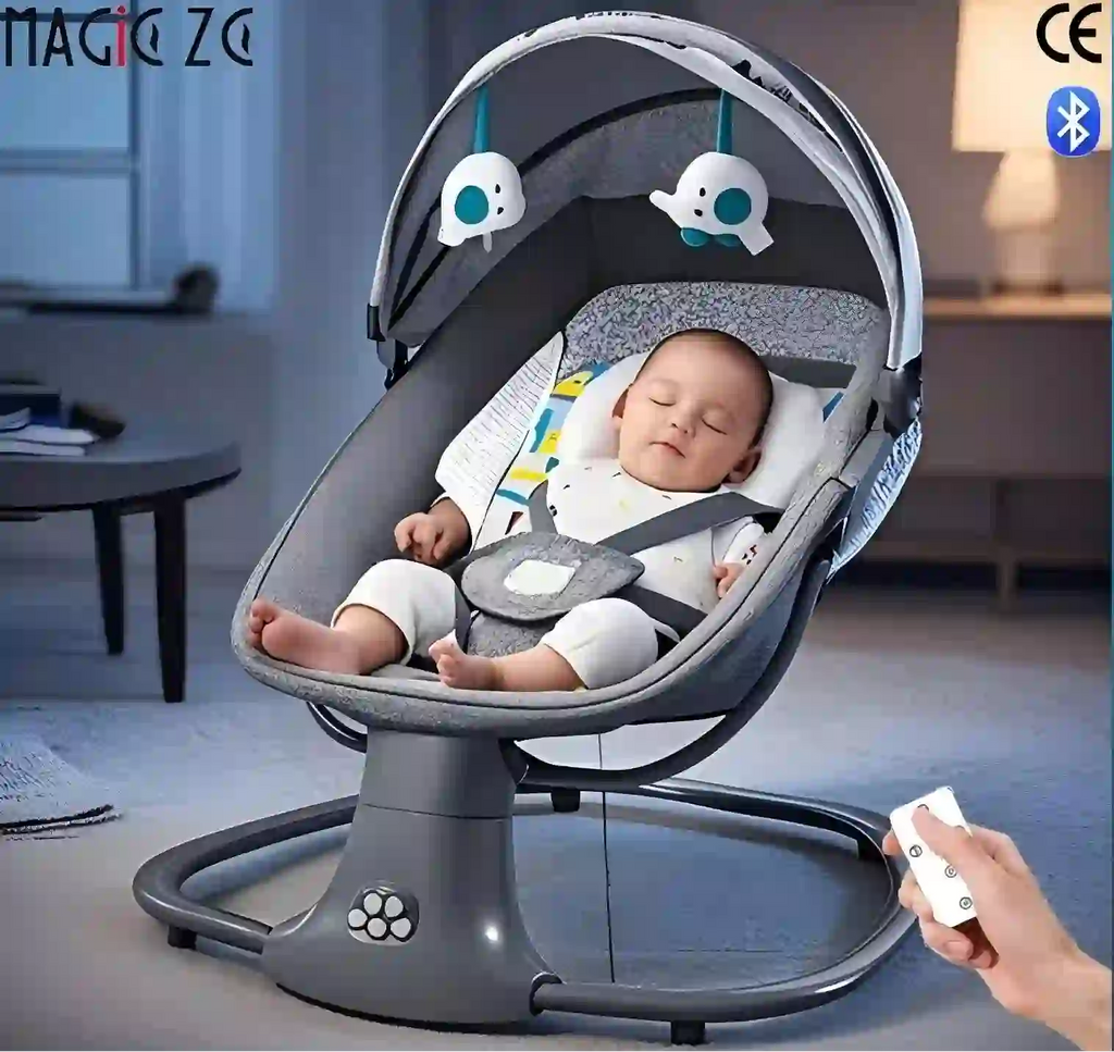 Balancelle bébé automatique Magic ZC avec canopy, jouets suspendus et télécommande, idéale pour 0-36 mois jusqu'à 20 kg. Confort et sécurité assurés.