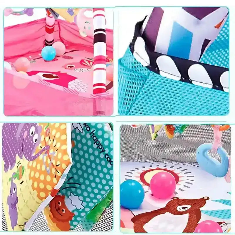 Tapis d'éveil pour bébé coloré avec jouets suspendus, balles en plastique, motifs animaux et textures variées