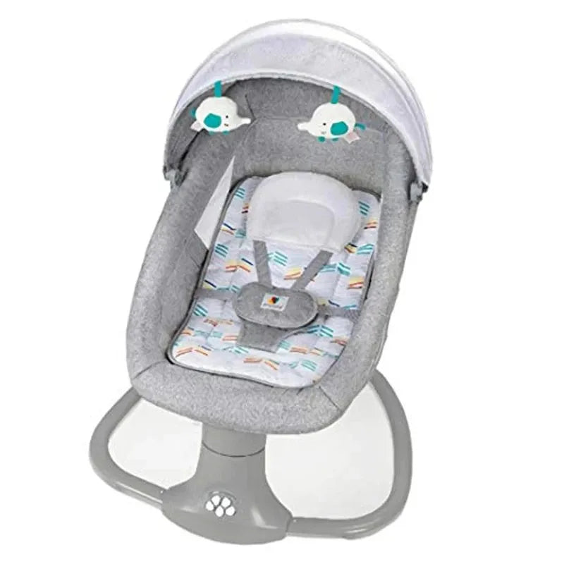 Balancelle bébé automatique gris clair avec arche de jeux et harnais de sécurité, adaptée de 0 à 36 mois jusqu'à 20 kg. Confort optimal et design robuste.