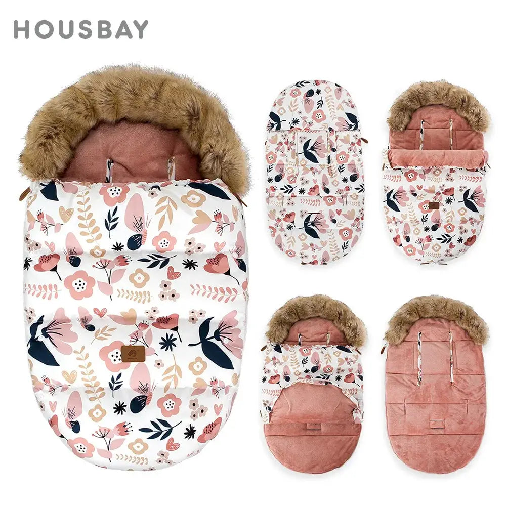 Chancelière bébé HOUSBAY hiver chaude avec motif floral rose et doublure en fausse fourrure, idéale pour poussettes par temps froid extrême.