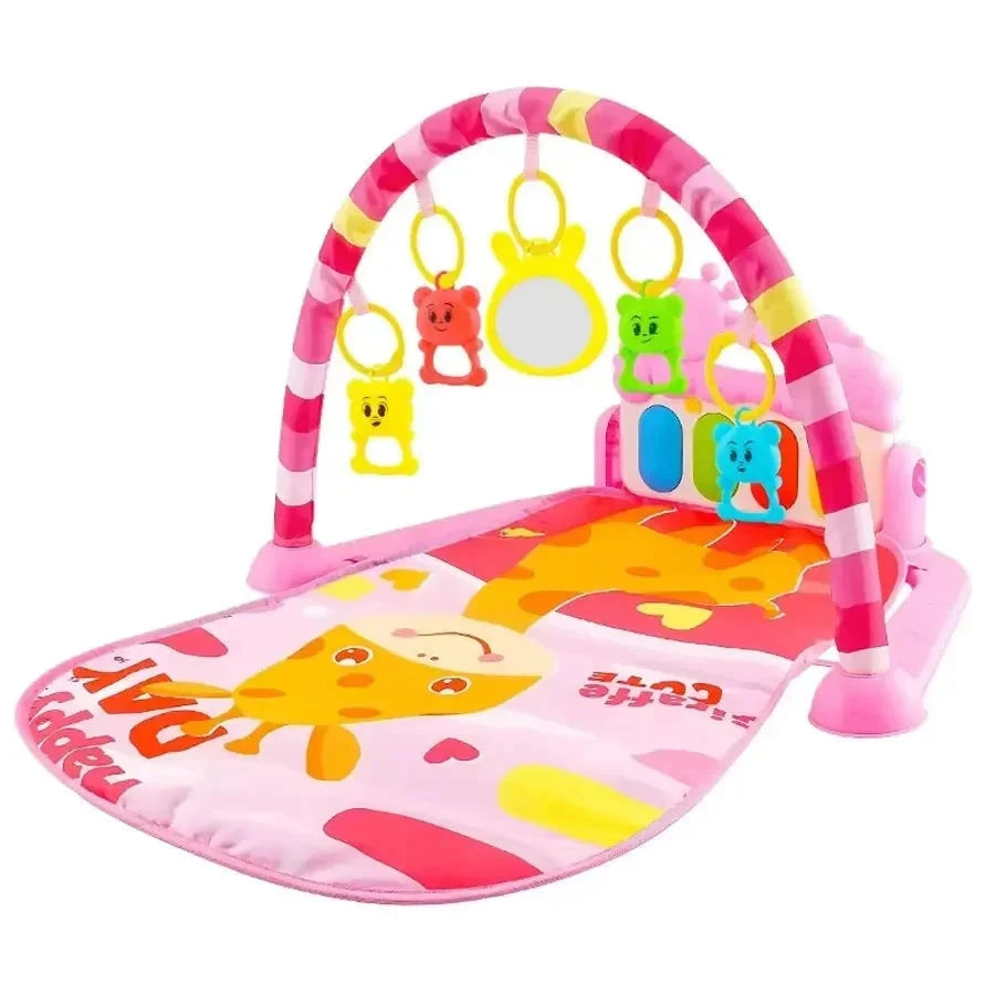Tapis d'éveil bébé rose avec arche et jouets colorés suspendus, girafe dessinée