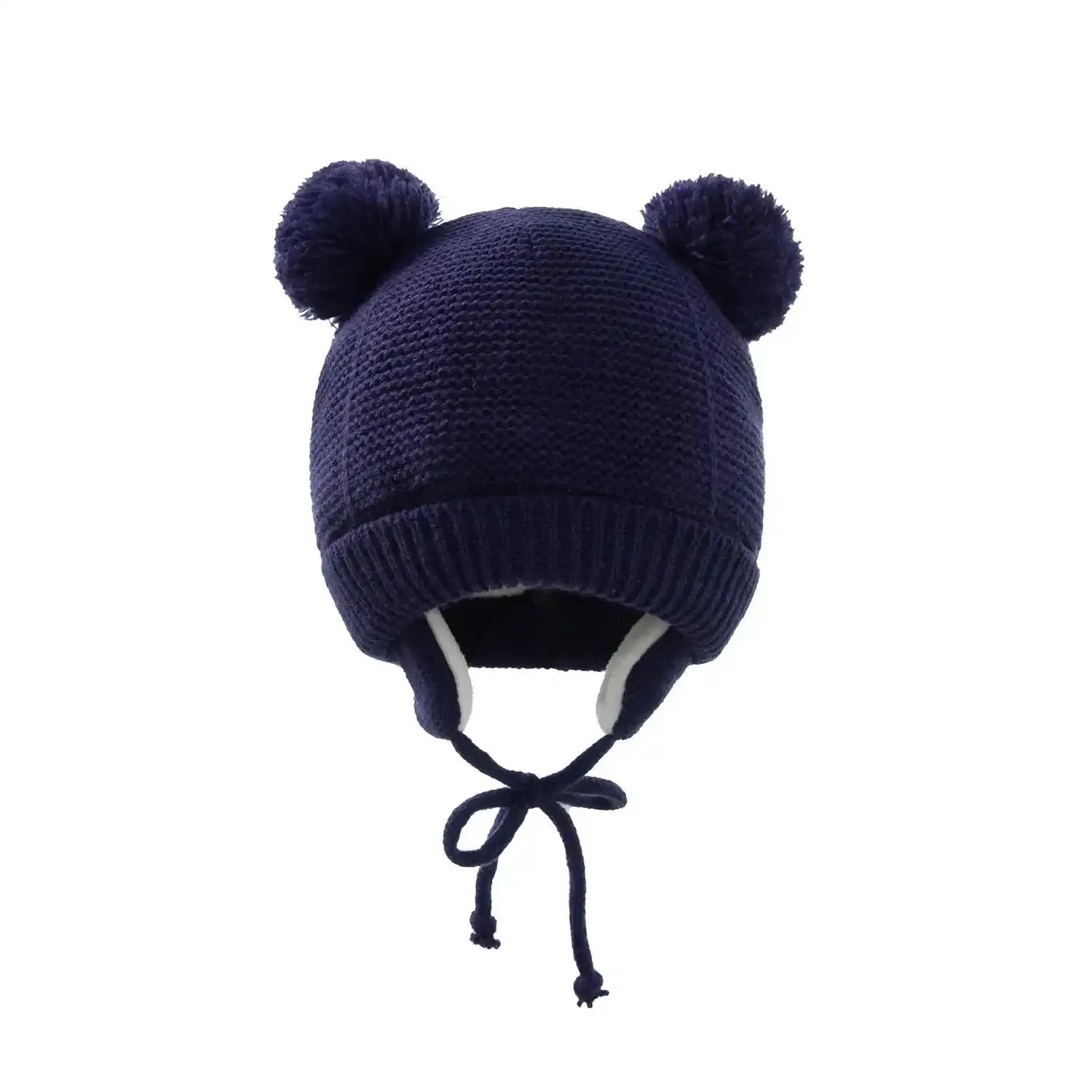 Bonnet hiver enfant bleu marine avec pompons oreilles, chaud et confortable pour bébé 0-24 mois. Idéal pour protéger du froid en hiver.