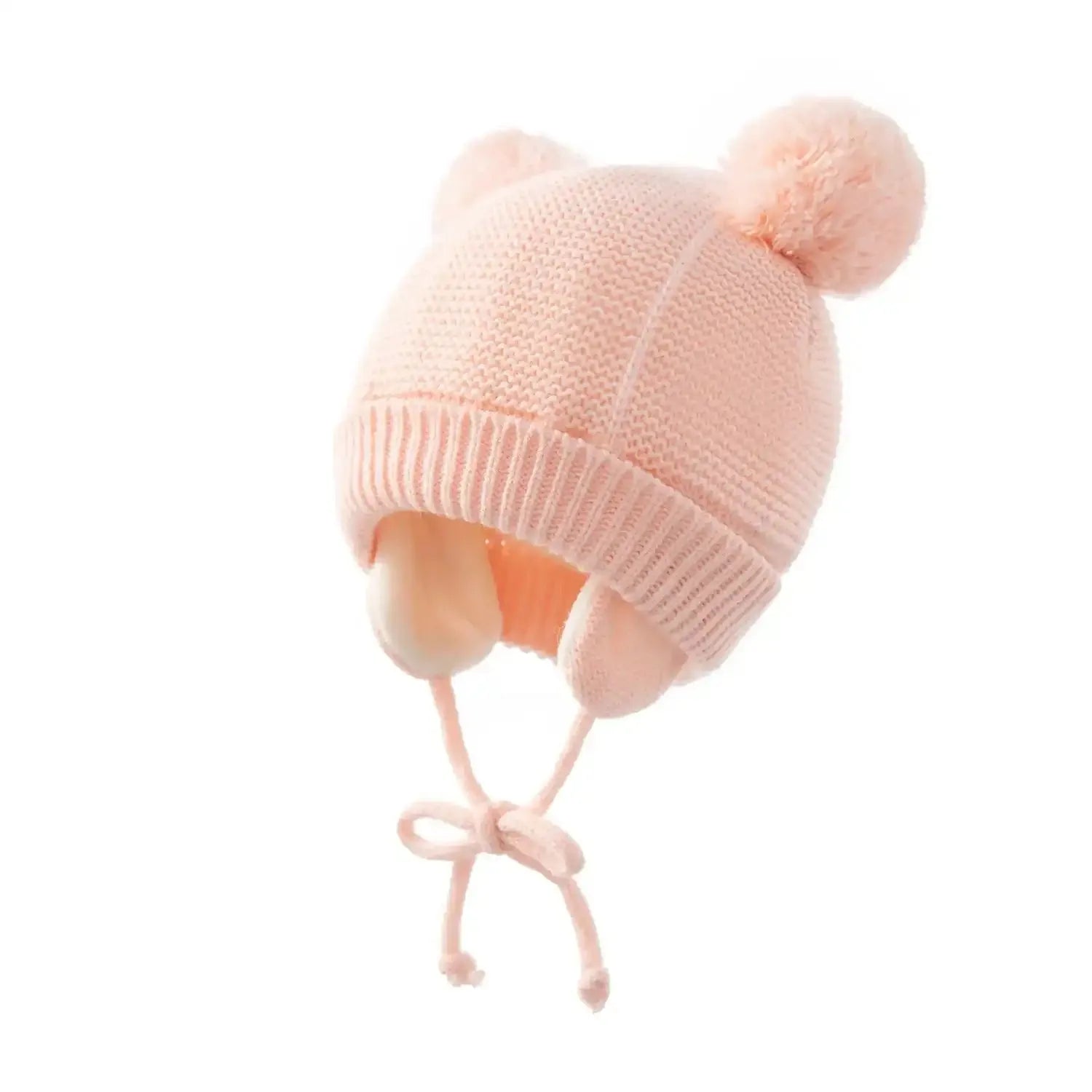 Bonnet hiver enfant rose avec pompons pour bébé 0-24 mois, chaud et unisexe, protège les oreilles du froid avec liens à nouer.