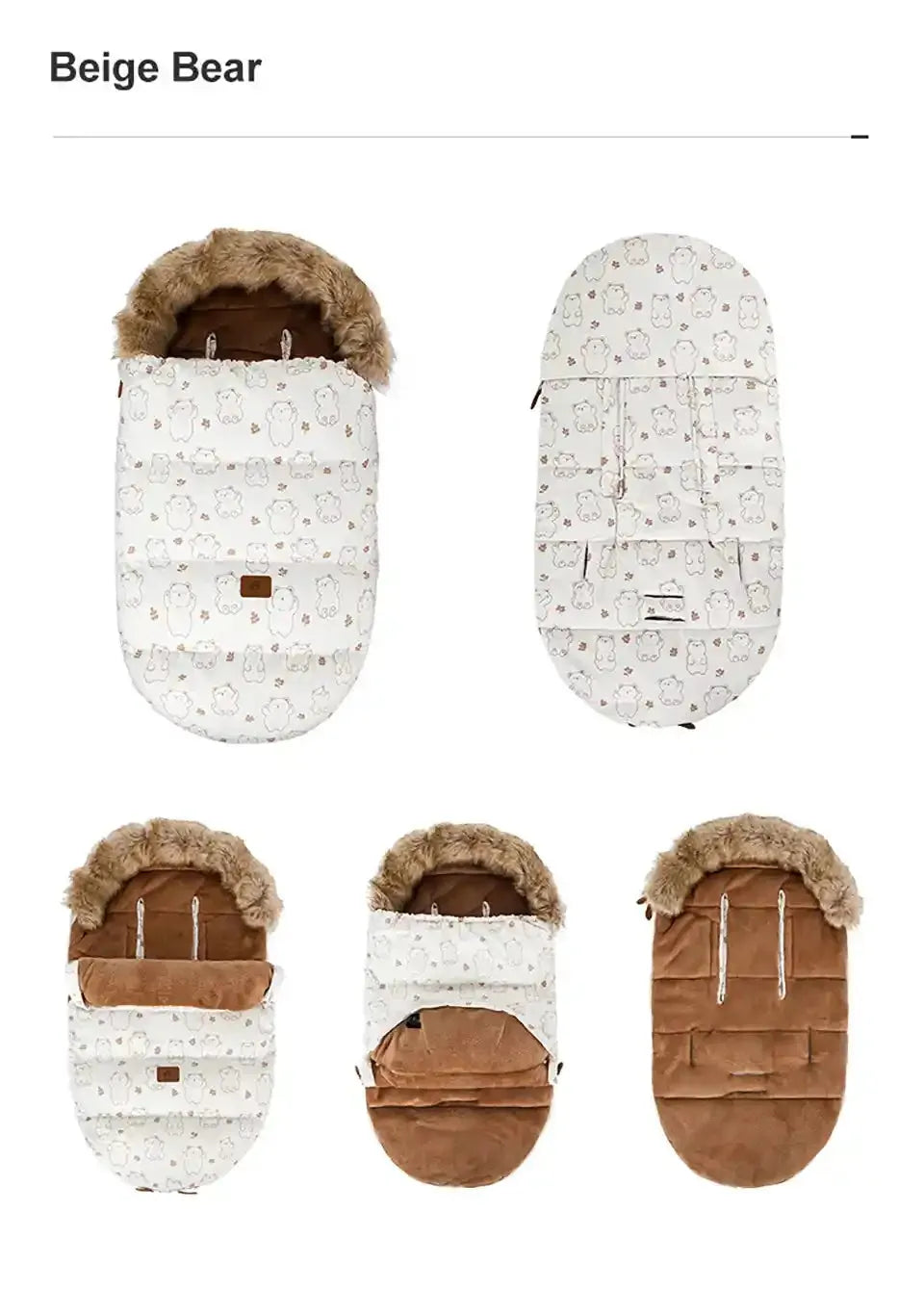 Chancelière HOUSBAY motif ours beige vue sous plusieurs angles, adaptée aux poussettes et conçue pour affronter des températures hivernales extrêmes.