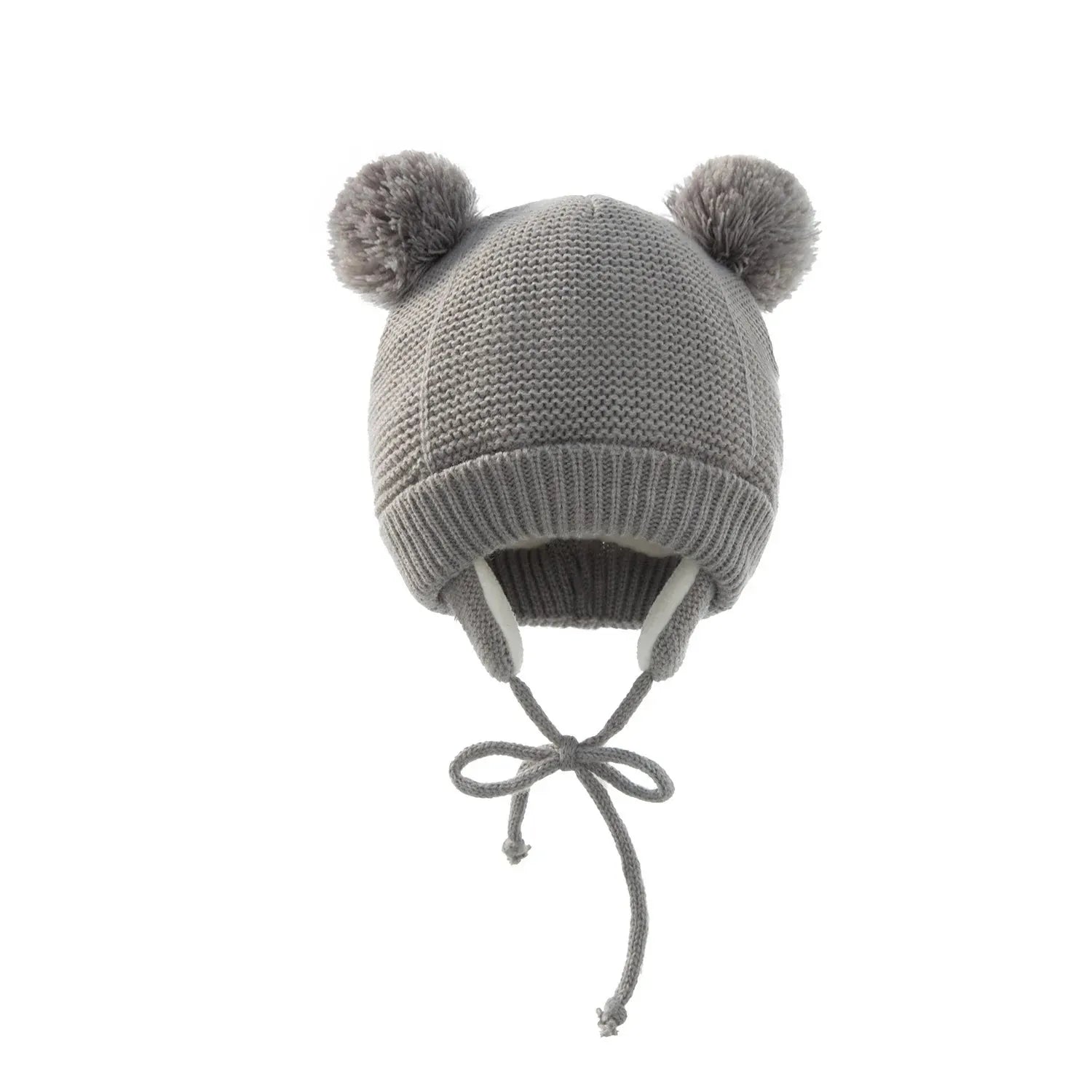 Bonnet hiver enfant gris avec pompons oreilles, chaud et confortable pour bébé 0-24 mois. Idéal pour protéger du froid en hiver.