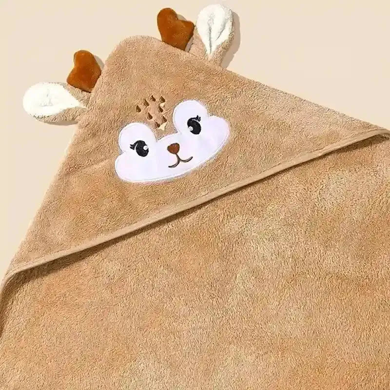 Serviette à capuche enfant beige en tissu peluche avec visage de cerf et petites oreilles