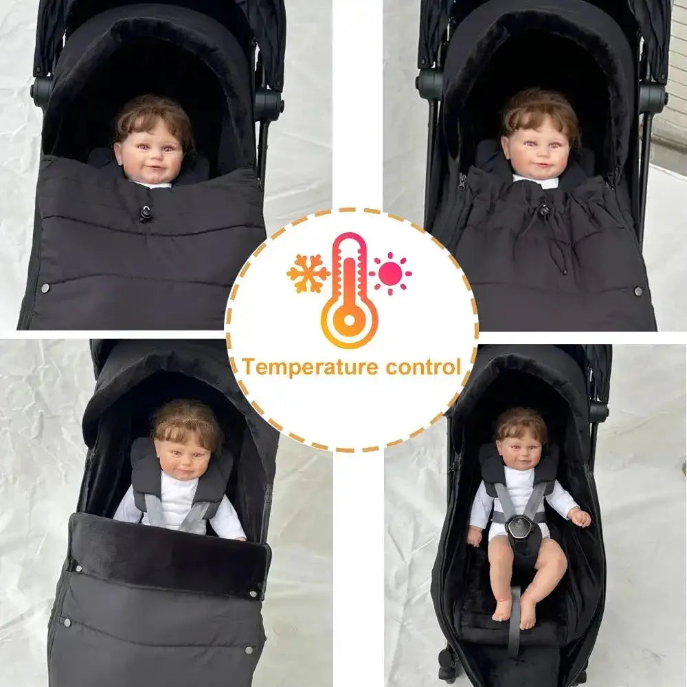 Poussette noire avec poupée bébé sous différentes couvertures adaptées au contrôle de la température